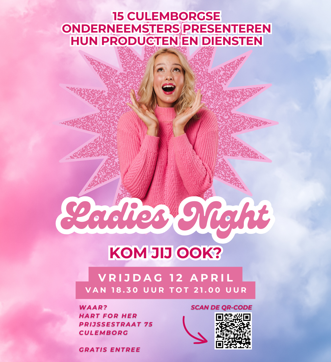 Save the date! Vrijdag 12 april Ladies Night bij hart for her Culemborg.